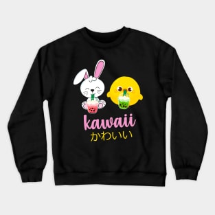 Kawaii cute anime bunny and duck drinking bubble tea Crewneck Sweatshirt